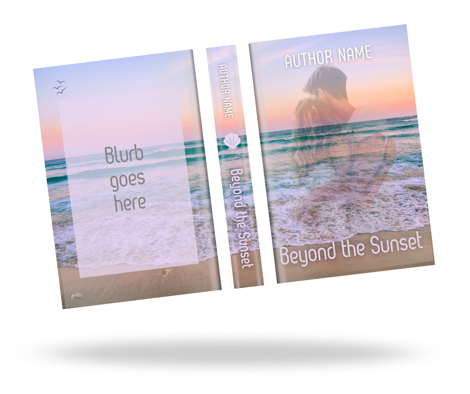 Mockup of a book cover with a sunset beach scene an a faded couple designed by Storyline Design & Branding